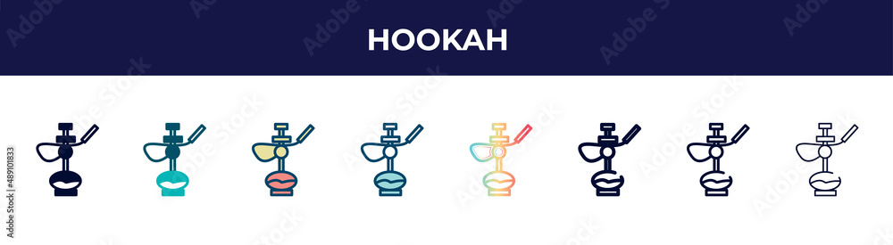 hookah icon in 8 styles. line, filled, glyph, thin outline, colorful, stroke and gradient styles, hookah vector sign. symbol, logo illustration. different style icons set. hookah icon in 8 styles. line, filled, glyph, thin outline, colorful, stroke and gradient styles, hookah vector sign. symbol, logo illustration. different style icons set.