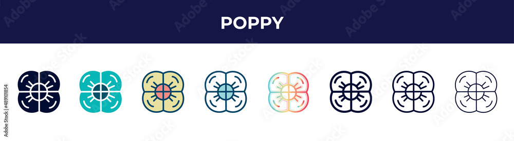 poppy icon in 8 styles. line, filled, glyph, thin outline, colorful, stroke and gradient styles, poppy vector sign. symbol, logo illustration. different style icons set. poppy icon in 8 styles. line, filled, glyph, thin outline, colorful, stroke and gradient styles, poppy vector sign. symbol, logo illustration. different style icons set.