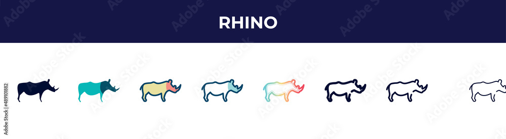 rhino icon in 8 styles. line, filled, glyph, thin outline, colorful, stroke and gradient styles, rhino vector sign. symbol, logo illustration. different style icons set.