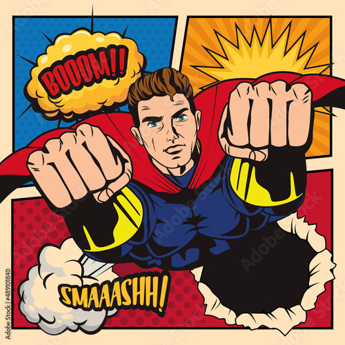 superhero flying and words