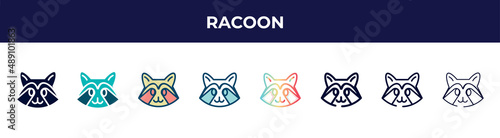 racoon icon in 8 styles. line, filled, glyph, thin outline, colorful, stroke and gradient styles, racoon vector sign. symbol, logo illustration. different style icons set.