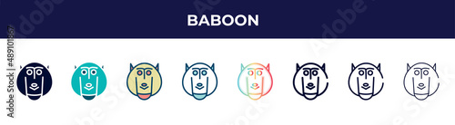 baboon icon in 8 styles. line, filled, glyph, thin outline, colorful, stroke and gradient styles, baboon vector sign. symbol, logo illustration. different style icons set.