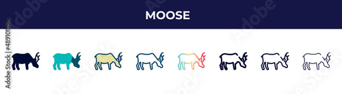 moose icon in 8 styles. line, filled, glyph, thin outline, colorful, stroke and gradient styles, moose vector sign. symbol, logo illustration. different style icons set.