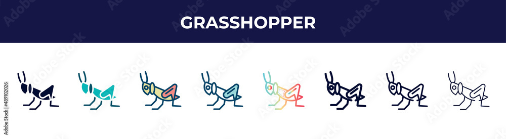 grasshopper icon in 8 styles. line, filled, glyph, thin outline, colorful, stroke and gradient styles, grasshopper vector sign. symbol, logo illustration. different style icons set. grasshopper icon in 8 styles. line, filled, glyph, thin outline, colorful, stroke and gradient styles, grasshopper vector sign. symbol, logo illustration. different style icons set.