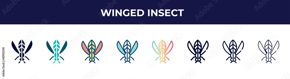 winged insect icon in 8 styles. line, filled, glyph, thin outline, colorful, stroke and gradient styles, winged insect vector sign. symbol, logo illustration. different style icons set.