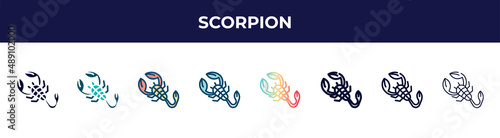scorpion icon in 8 styles. line, filled, glyph, thin outline, colorful, stroke and gradient styles, scorpion vector sign. symbol, logo illustration. different style icons set.