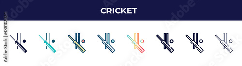 cricket icon in 8 styles. line, filled, glyph, thin outline, colorful, stroke and gradient styles, cricket vector sign. symbol, logo illustration. different style icons set.