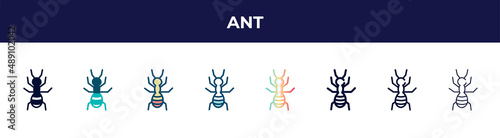 ant icon in 8 styles. line, filled, glyph, thin outline, colorful, stroke and gradient styles, ant vector sign. symbol, logo illustration. different style icons set.