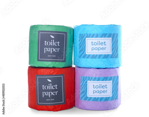 Toilet paper rolls on white background