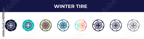 winter tire icon in 8 styles. line, filled, glyph, thin outline, colorful, stroke and gradient styles, winter tire vector sign. symbol, logo illustration. different style icons set.