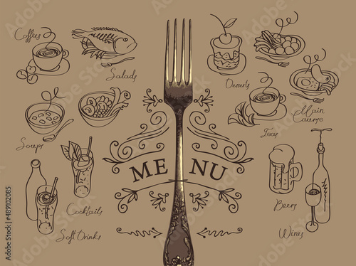 Vector menu for a restaurant or cafe with a fork, sketches of various dishes and handwritten inscriptions on a beige background. Cute cartoon doodles, food and drink drawings. Set of design elements