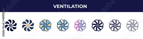 ventilation icon in 8 styles. line, filled, glyph, thin outline, colorful, stroke and gradient styles, ventilation vector sign. symbol, logo illustration. different style icons set.