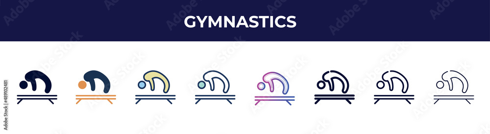 gymnastics icon in 8 styles. line, filled, glyph, thin outline, colorful, stroke and gradient styles, gymnastics vector sign. symbol, logo illustration. different style icons set. gymnastics icon in 8 styles. line, filled, glyph, thin outline, colorful, stroke and gradient styles, gymnastics vector sign. symbol, logo illustration. different style icons set.