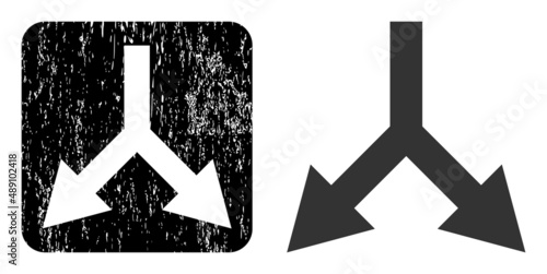 Vector bifurcation arrow down carved icon. Grunge bifurcation arrow down seal, done from icon and rounded square. Rounded square seal have bifurcation arrow down carving inside.