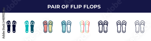 pair of flip flops icon in 8 styles. line, filled, glyph, thin outline, colorful, stroke and gradient styles, pair of flip flops vector sign. symbol, logo illustration. different style icons set.