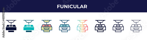 funicular icon in 8 styles. line, filled, glyph, thin outline, colorful, stroke and gradient styles, funicular vector sign. symbol, logo illustration. different style icons set.