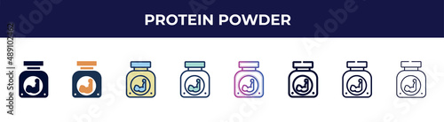 protein powder icon in 8 styles. line, filled, glyph, thin outline, colorful, stroke and gradient styles, protein powder vector sign. symbol, logo illustration. different style icons set.