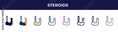 steroids icon in 8 styles. line, filled, glyph, thin outline, colorful, stroke and gradient styles, steroids vector sign. symbol, logo illustration. different style icons set.