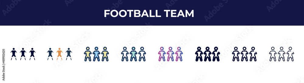 football team icon in 8 styles. line, filled, glyph, thin outline, colorful, stroke and gradient styles, football team vector sign. symbol, logo illustration. different style icons set. football team icon in 8 styles. line, filled, glyph, thin outline, colorful, stroke and gradient styles, football team vector sign. symbol, logo illustration. different style icons set.
