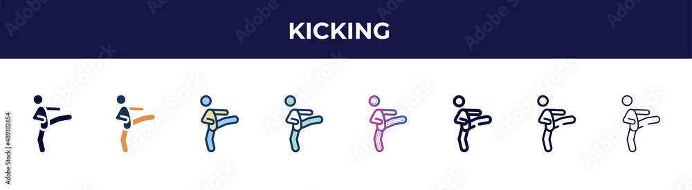 kicking icon in 8 styles. line, filled, glyph, thin outline, colorful, stroke and gradient styles, kicking vector sign. symbol, logo illustration. different style icons set. kicking icon in 8 styles. line, filled, glyph, thin outline, colorful, stroke and gradient styles, kicking vector sign. symbol, logo illustration. different style icons set.