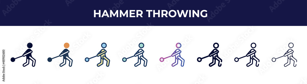 Obraz premium hammer throwing icon in 8 styles. line, filled, glyph, thin outline, colorful, stroke and gradient styles, hammer throwing vector sign. symbol, logo illustration. different style icons set.