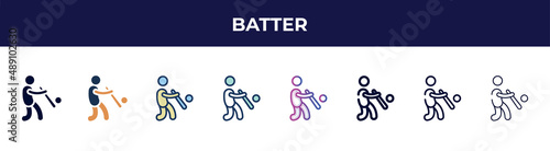 batter icon in 8 styles. line, filled, glyph, thin outline, colorful, stroke and gradient styles, batter vector sign. symbol, logo illustration. different style icons set.