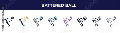 battered ball icon in 8 styles. line, filled, glyph, thin outline, colorful, stroke and gradient styles, battered ball vector sign. symbol, logo illustration. different style icons set.