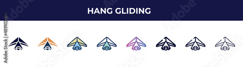 hang gliding icon in 8 styles. line, filled, glyph, thin outline, colorful, stroke and gradient styles, hang gliding vector sign. symbol, logo illustration. different style icons set.