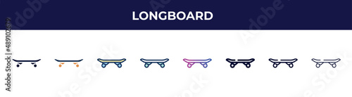 longboard icon in 8 styles. line, filled, glyph, thin outline, colorful, stroke and gradient styles, longboard vector sign. symbol, logo illustration. different style icons set.