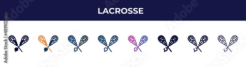 lacrosse icon in 8 styles. line, filled, glyph, thin outline, colorful, stroke and gradient styles, lacrosse vector sign. symbol, logo illustration. different style icons set.