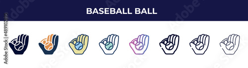 baseball ball icon in 8 styles. line, filled, glyph, thin outline, colorful, stroke and gradient styles, baseball ball vector sign. symbol, logo illustration. different style icons set.