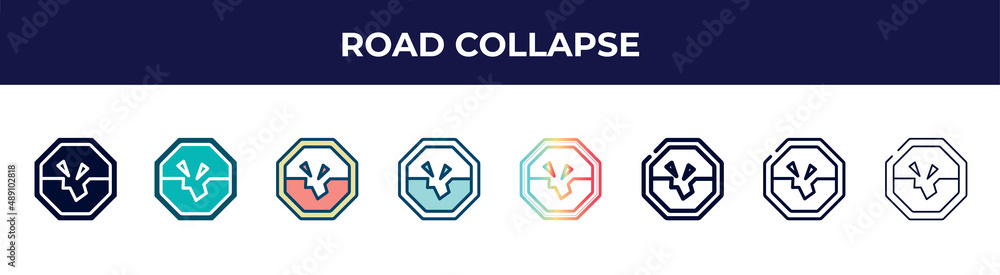 road collapse icon in 8 styles. line, filled, glyph, thin outline, colorful, stroke and gradient styles, road collapse vector sign. symbol, logo illustration. different style icons set. road collapse icon in 8 styles. line, filled, glyph, thin outline, colorful, stroke and gradient styles, road collapse vector sign. symbol, logo illustration. different style icons set.