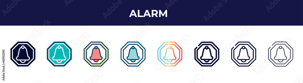 alarm icon in 8 styles. line, filled, glyph, thin outline, colorful, stroke and gradient styles, alarm vector sign. symbol, logo illustration. different style icons set. alarm icon in 8 styles. line, filled, glyph, thin outline, colorful, stroke and gradient styles, alarm vector sign. symbol, logo illustration. different style icons set.
