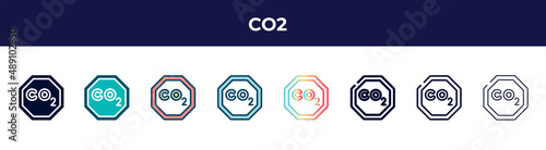 co2 icon in 8 styles. line, filled, glyph, thin outline, colorful, stroke and gradient styles, co2 vector sign. symbol, logo illustration. different style icons set.