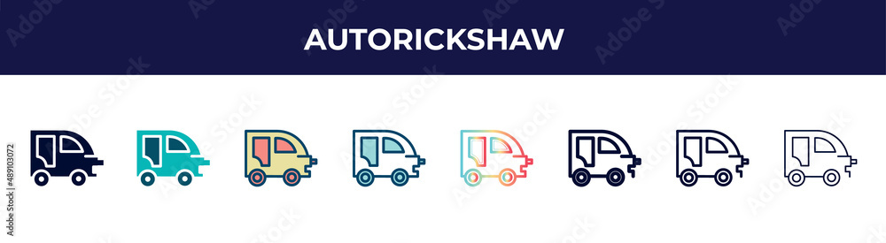 autorickshaw icon in 8 styles. line, filled, glyph, thin outline, colorful, stroke and gradient styles, autorickshaw vector sign. symbol, logo illustration. different style icons set.