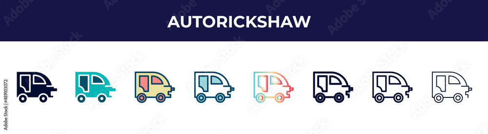 autorickshaw icon in 8 styles. line, filled, glyph, thin outline, colorful, stroke and gradient styles, autorickshaw vector sign. symbol, logo illustration. different style icons set. autorickshaw icon in 8 styles. line, filled, glyph, thin outline, colorful, stroke and gradient styles, autorickshaw vector sign. symbol, logo illustration. different style icons set.