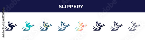 slippery icon in 8 styles. line, filled, glyph, thin outline, colorful, stroke and gradient styles, slippery vector sign. symbol, logo illustration. different style icons set.