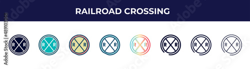 railroad crossing icon in 8 styles. line, filled, glyph, thin outline, colorful, stroke and gradient styles, railroad crossing vector sign. symbol, logo illustration. different style icons set.