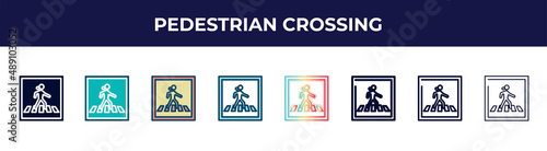 pedestrian crossing icon in 8 styles. line, filled, glyph, thin outline, colorful, stroke and gradient styles, pedestrian crossing vector sign. symbol, logo illustration. different style icons set.