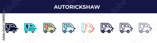 autorickshaw icon in 8 styles. line, filled, glyph, thin outline, colorful, stroke and gradient styles, autorickshaw vector sign. symbol, logo illustration. different style icons set.