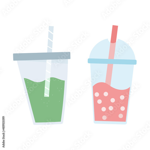 Juice in a glasses with ice and straw. Fresh vegetarian drink. Healthy smoothie. Delicious cocktail. Flat vector design. All elements isolated on white background.