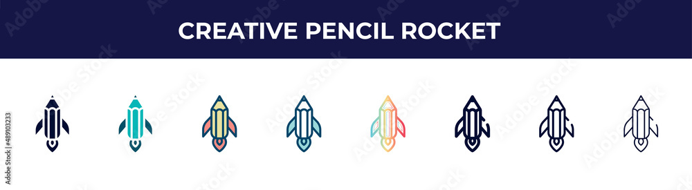 creative pencil rocket icon in 8 styles. line, filled, glyph, thin outline, colorful, stroke and gradient styles, creative pencil rocket vector sign. symbol, logo illustration. different style icons