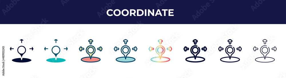 coordinate icon in 8 styles. line, filled, glyph, thin outline, colorful, stroke and gradient styles, coordinate vector sign. symbol, logo illustration. different style icons set. coordinate icon in 8 styles. line, filled, glyph, thin outline, colorful, stroke and gradient styles, coordinate vector sign. symbol, logo illustration. different style icons set.