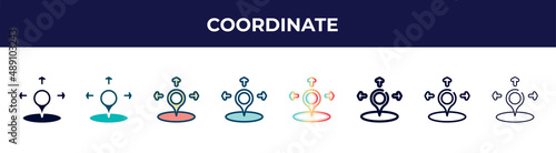 coordinate icon in 8 styles. line, filled, glyph, thin outline, colorful, stroke and gradient styles, coordinate vector sign. symbol, logo illustration. different style icons set.