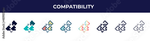 compatibility icon in 8 styles. line, filled, glyph, thin outline, colorful, stroke and gradient styles, compatibility vector sign. symbol, logo illustration. different style icons set.