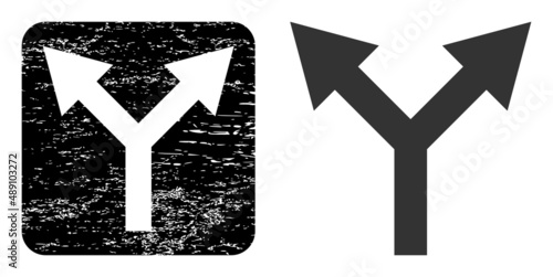 Vector bifurcation arrow up hole icon. Grunge bifurcation arrow up seal, done from icon and rounded square. Rounded square stamp seal include bifurcation arrow up empty space inside.