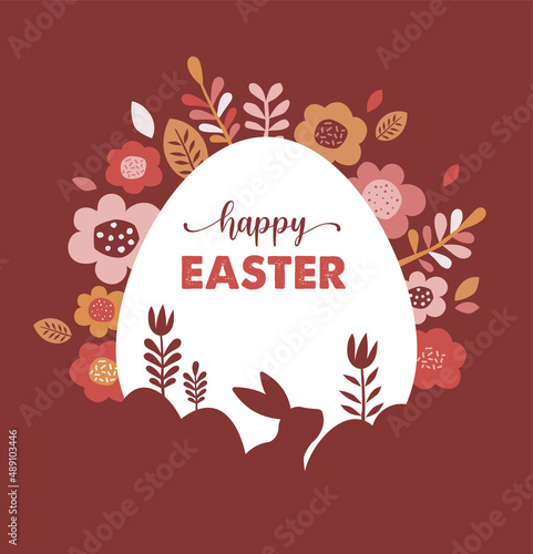 Happy Easter banner, poster, greeting card. Trendy Easter design with typography, bunnies, flowers, eggs, bunny ears, in pastel colors. Modern minimal style