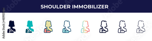 shoulder immobilizer icon in 8 styles. line, filled, glyph, thin outline, colorful, stroke and gradient styles, shoulder immobilizer vector sign. symbol, logo illustration. different style icons