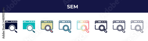 sem icon in 8 styles. line, filled, glyph, thin outline, colorful, stroke and gradient styles, sem vector sign. symbol, logo illustration. different style icons set.