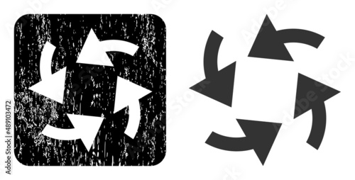 Vector cyclone arrows subtracted icon. Grunge cyclone arrows seal stamp, done with icon and rounded square. Rounded square stamp seal have cyclone arrows empty space inside.